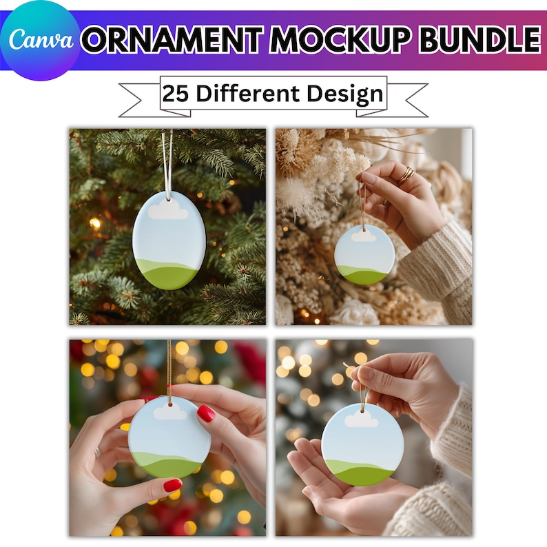 May include: Ornament mockup bundle featuring 25 different designs. The image showcases four different ornaments with a landscape design of a blue sky, white cloud, and green hills. The ornaments are hanging on a string.