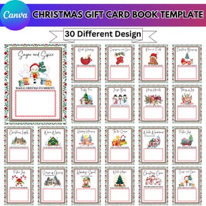 May include: A Christmas gift card book template with 30 different designs. Each card features festive illustrations and text, including snowmen, gingerbread men, and Christmas trees. The cards have a red and green floral border.