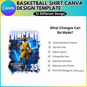 Puede incluir: Una plantilla de dise&ntilde;o de camiseta de baloncesto con un jugador de baloncesto con una camiseta azul y amarilla con el texto "VINCENT LOWWLL HI SCHOOL 20XX" y "YOUR POSITION IN TEAM" y el n&uacute;mero "35". La plantilla es f&aacute;cil de editar en Canva.