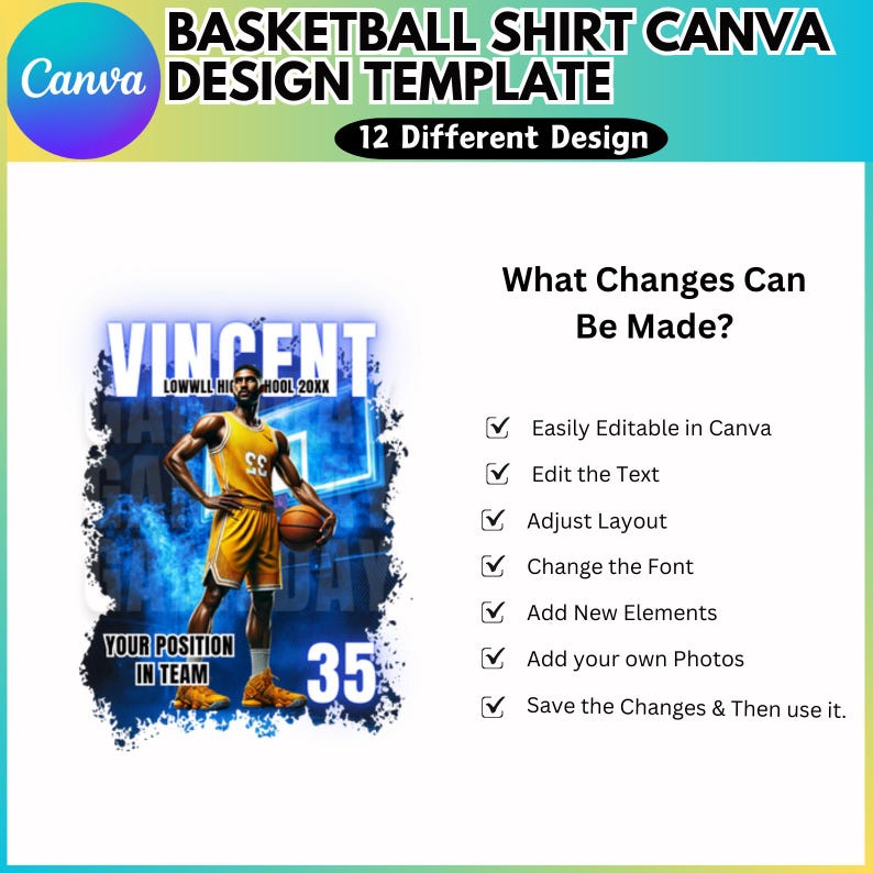 Puede incluir: Una plantilla de dise&ntilde;o de camiseta de baloncesto con un jugador de baloncesto con una camiseta azul y amarilla con el texto "VINCENT LOWWLL HI SCHOOL 20XX" y "YOUR POSITION IN TEAM" y el n&uacute;mero "35". La plantilla es f&aacute;cil de editar en Canva.