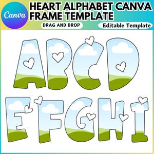 Plantilla editable de Canva con el alfabeto de San Valentín, fuente del alfabeto de Canva, plantilla de marco de Canva, agregue su propio patrón, linda letra de amor personalizada