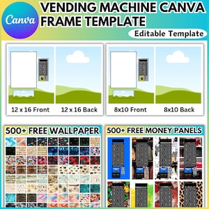 May include: A digital template for a vending machine frame. The template is available in two sizes: 12x16 inches and 8x10 inches. The template includes a front and back view of the vending machine. The template is editable and can be customized with different colors, images, and text. The template also includes a selection of free wallpaper and money panels.