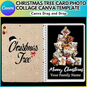 Plantilla editable de Canva para tarjeta con árbol de Navidad, plantilla de collage de fotos navideñas de Canva, complete sus propias imágenes familiares, arrastre y suelte