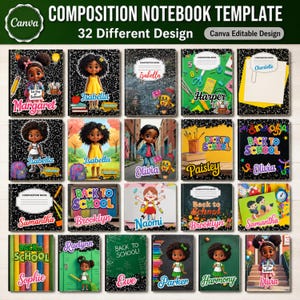 May include: A collection of thirty-two composition notebook covers featuring various back-to-school themes, cartoon characters, and customizable name labels. The designs include black speckled patterns, school supplies, and colorful text.