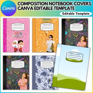 May include: Collection of composition notebook covers with various designs. Includes pink glitter, orange with a student, black with school supplies, blue floral, and a green landscape. Each cover has a label for the composition book title.