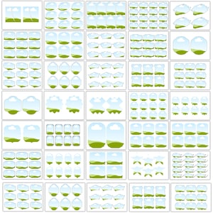 May include: A grid of various digital landscape graphics, each featuring a blue sky with fluffy white clouds and a green grassy foreground. The designs vary in shape and style, suitable for digital art or design projects.