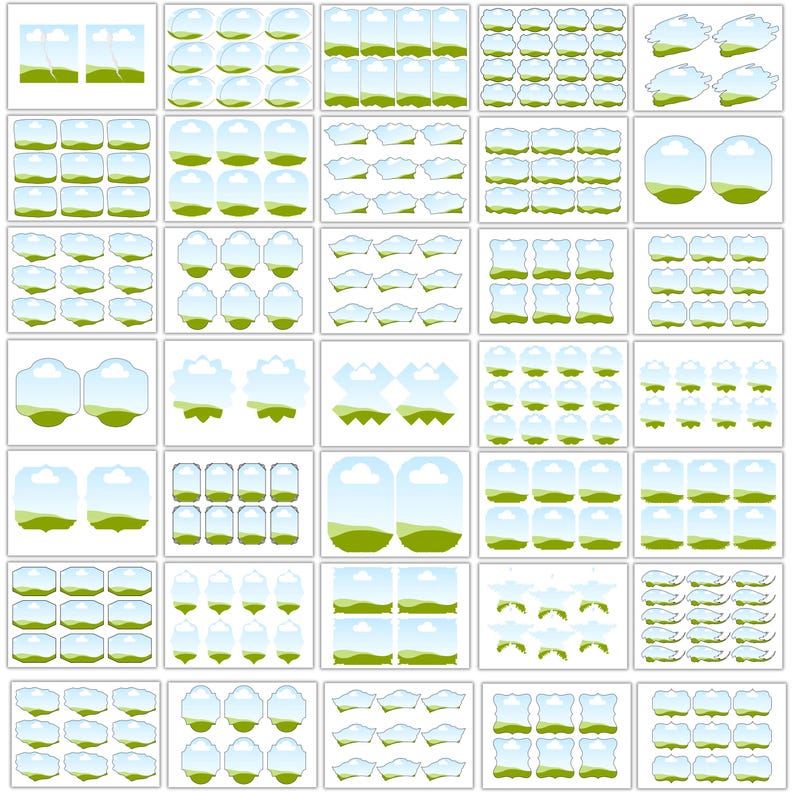 May include: A grid of various digital landscape graphics, each featuring a blue sky with fluffy white clouds and a green grassy foreground. The designs vary in shape and style, suitable for digital art or design projects.