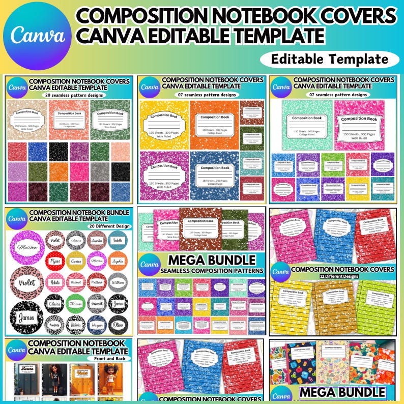 Composition Note Book Covers Canva Mega Bundle, Notebook Label Template ...