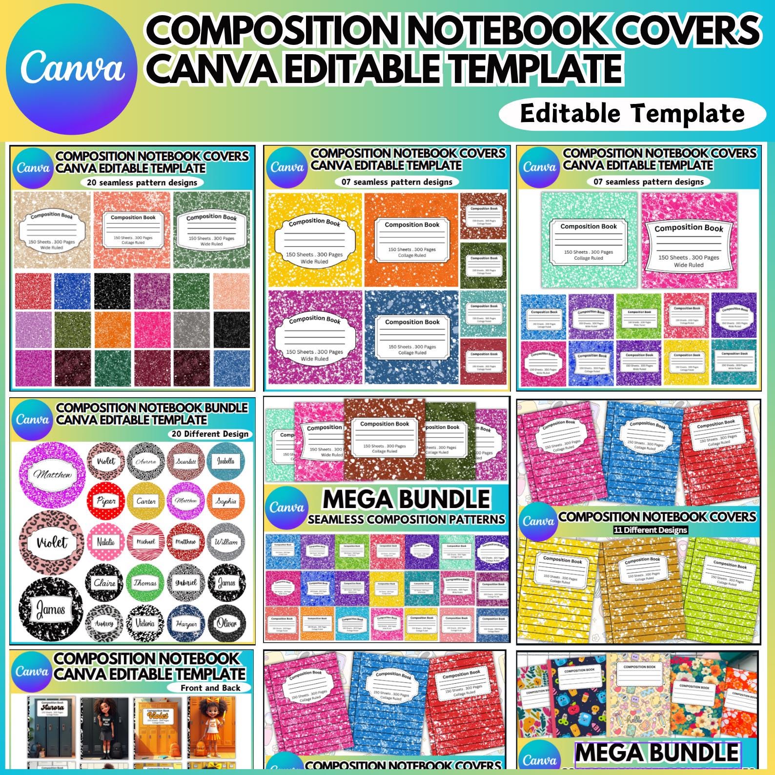 Composition Note Book Covers Canva Mega Bundle, Notebook Label Template ...
