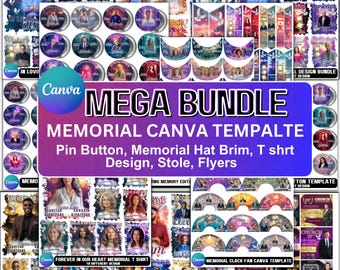 Megapaquete conmemorativo editable en Canva, paquete de camisetas conmemorativas para funerales, camisetas con estampado completo, llaveros funerarios, botones conmemorativos y vasos.