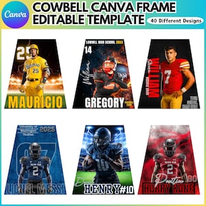 May include: A digital template for Canva featuring a cowbell design. The template includes 40 different designs with customizable elements. The image showcases examples of the template, including sports-themed graphics with player names and numbers.