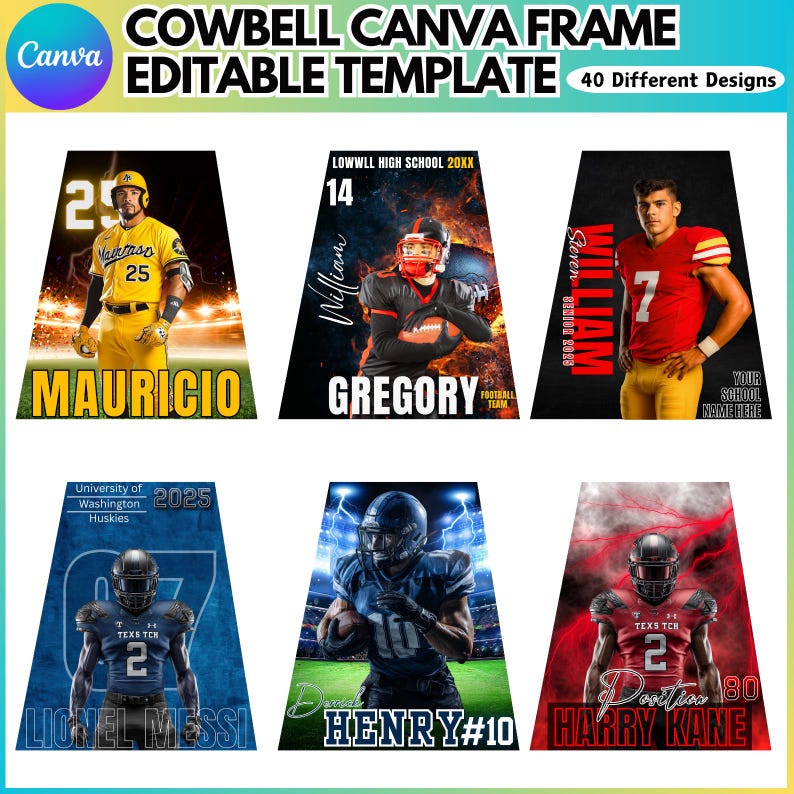 May include: A digital template for Canva featuring a cowbell design. The template includes 40 different designs with customizable elements. The image showcases examples of the template, including sports-themed graphics with player names and numbers.