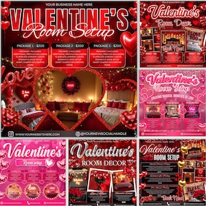 May include: A Valentine's Day room setup advertisement in red and pink. The text reads "Valentine's Room Setup" with package details, including balloons, ambient lights, and decorative items. Images showcase romantic room decor.