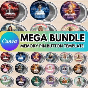 Puede incluir: Un conjunto de 18 plantillas de botones de memoria imprimibles. Las plantillas presentan una variedad de colores y diseños, incluyendo un fondo de puesta de sol con nubes y el texto "In Loving Memory".