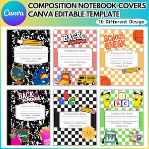 Puede incluir: Una colección de portadas de cuadernos de composición con varios diseños. Los cuadernos presentan gráficos con temas escolares, incluyendo lápices, globos terráqueos, mochilas y los textos "Back to School" y "School Break". Cada cuaderno tiene 150 hojas y 300 páginas.