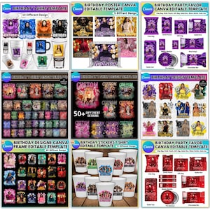 以下が含まれることがあります： 誕生日のお祝い用Canvaテンプレートのコレクション。画像には、Tシャツ、ポスター、パーティーの記念品、ステッカーなど、さまざまなデザインが示されています。テンプレートには、「Birthday」という単語を含む、テキストとグラフィックによるカスタマイズ可能なデザインが用意されています。