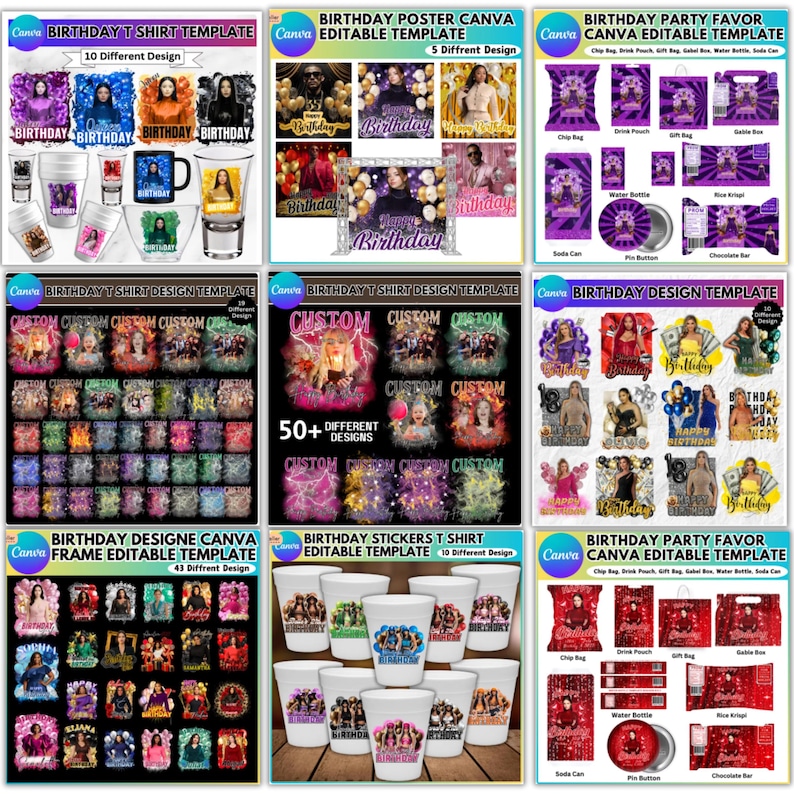 以下が含まれることがあります： 誕生日のお祝い用Canvaテンプレートのコレクション。画像には、Tシャツ、ポスター、パーティーの記念品、ステッカーなど、さまざまなデザインが示されています。テンプレートには、「Birthday」という単語を含む、テキストとグラフィックによるカスタマイズ可能なデザインが用意されています。