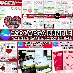 Plantilla de mega paquete de San Valentín, diseños pirata de San Valentín, periódicos de San Valentín, marcos de corazones, tarjetas de San Valentín, diseño de volantes