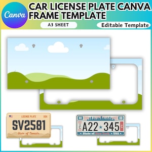 May include: A digital template for creating a car license plate frame. The template features a green grassy landscape with a blue sky and white clouds. The template includes a license plate frame with a white background and a blue border. The template also includes two example license plates, one from Nevada and one from New York.