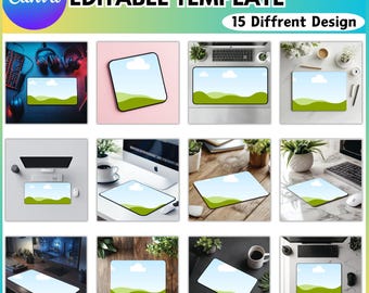 Könnte beinhalten: Eine Sammlung von Mauspads mit einem Landschaftsdesign, das grüne Hügel, einen blauen Himmel und weiße Wolken zeigt. Der Text "MOUSE PAD CANVA FRAME EDITABLE TEMPLATE" wird oben zusammen mit dem Canva-Logo angezeigt.