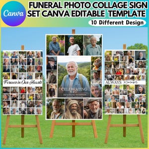 May include: Three funeral photo collage signs on wooden easels. Each sign features a collage of photos with text. The signs read "Forever in Our Hearts", "Celebrating the life of Jacqueline Thompson", and "Always Remember". The top of the image has the text "FUNERAL PHOTO COLLAGE SIGN SET CANVA EDITABLE TEMPLATE".