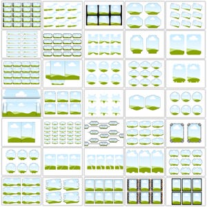 May include: A collection of various digital graphics featuring landscape scenes with green hills, blue skies, and white clouds. The graphics are in different shapes and sizes, suitable for digital design projects.