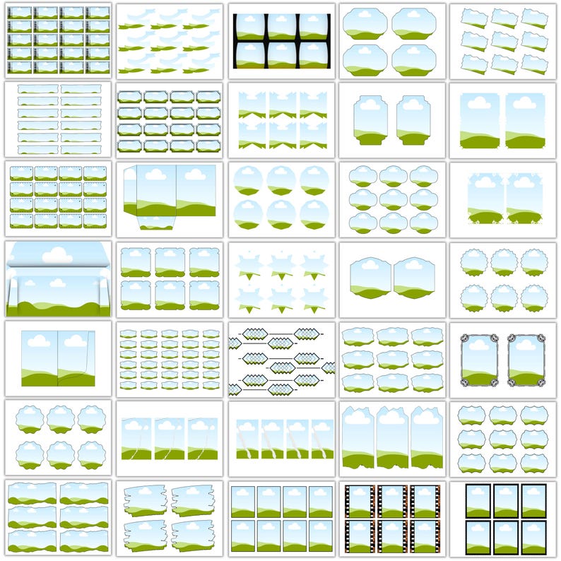 May include: A collection of various digital graphics featuring landscape scenes with green hills, blue skies, and white clouds. The graphics are in different shapes and sizes, suitable for digital design projects.