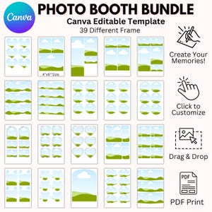 Könnte beinhalten: Eine Fotokabinen-Bundle-Vorlage mit 39 verschiedenen Rahmen, die für die Verwendung mit Canva entwickelt wurde. Die Vorlage enthält verschiedene Rahmenstile, darunter Herzformen und Landschaftsszenen. Das Bild zeigt auch den Text "4"x6" Size", "Create Your Memories!", "Click to Customize", "Drag & Drop" und "PDF Print".