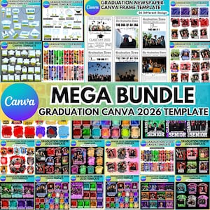 Puede incluir: Una colección de plantillas de Canva para graduación, que incluye marcos, diseños de periódicos, estolas y paquetes de camisetas. Las plantillas presentan diseños para las clases de 2025 y 2026, con varios esquemas de color y diseños. El texto incluye "Graduation News" y "Senior".