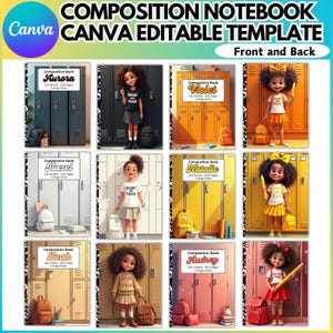 Op de afbeelding: Een digitale compositie notitieboek sjabloon met voor- en achterkant. Het ontwerp toont illustraties van kinderen voor lockers. Elke notitieboekomslag is voorzien van een naam en heeft 150-300 pagina's.