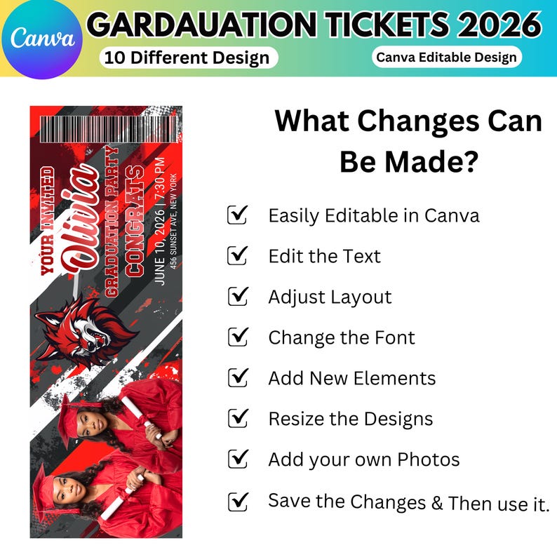 Graduation Ticket Template Bundle, Editable Canva Grad Party Tickets ...