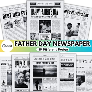 Paquete de plantillas editables de Canva para periódicos del Día del Padre, diseños de regalos para el Día del Padre, regalo personalizado, ramo de periódicos para el Día del Padre, envoltura de periódicos