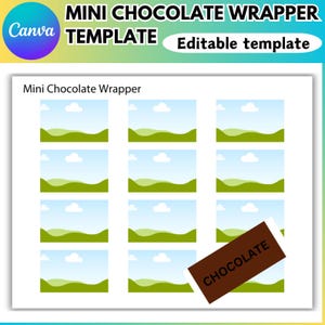 May include: A white template with the text "MINI CHOCOLATE WRAPPER TEMPLATE" and "Editable template". The template includes 12 landscape images of a green field, blue sky, and white clouds. A brown chocolate wrapper is in the corner.