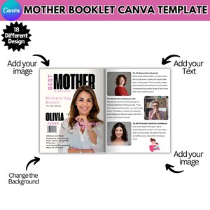 May include: A pink and black booklet template for Mother's Day brunch. The cover features the text "BEST MOM EVER" and the date "12 MAY 2025". The inside pages have tips for styling and confidence.