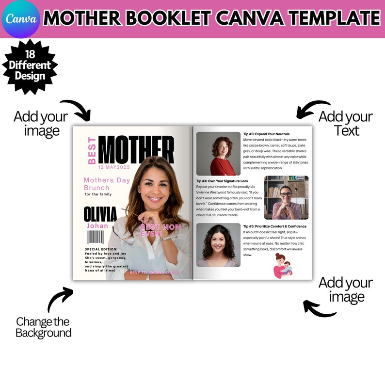 May include: A pink and black booklet template for Mother's Day brunch. The cover features the text "BEST MOM EVER" and the date "12 MAY 2025". The inside pages have tips for styling and confidence.