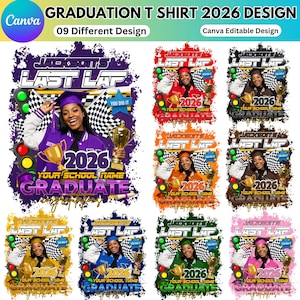 Könnte beinhalten: Eine Auswahl an Abschluss-T-Shirt-Designs. Jedes Design zeigt einen Absolventen mit einer Trophäe, mit dem Text "2026 Graduate" und "Last Lap". Die Shirts sind in verschiedenen Farben erhältlich, darunter Lila, Rot, Orange, Schwarz, Braun, Gold, Blau, Grün und Rosa.