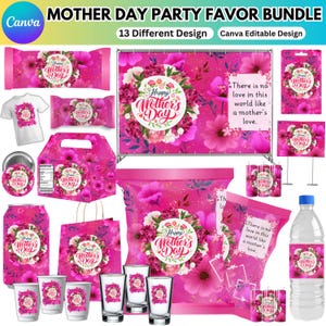Könnte beinhalten: Eine Sammlung rosa Muttertags-Party-Gastgeschenke, darunter ein Banner, ein T-Shirt, Süßigkeitenverpackungen, Geschenktüten, Becher, Schnapsgläser und Wasserflaschenetiketten. Jeder Artikel zeigt ein Blumendesign und den Text "Happy Mother's Day".