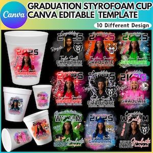 10 modelli modificabili per bicchieri di polistirolo per la laurea su Canva, modelli per bicchieri per feste di laurea, design personalizzabile per bicchieri di polistirolo, download digitale