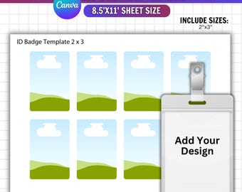 Peut inclure: Un modèle de cadre pour badge d'identification modifiable sur une feuille de 8,5 par 11 pouces, avec six emplacements rectangulaires illustrés d'un paysage. Un porte-badge vertical en plastique avec clip affiche le texte Add Your Design.