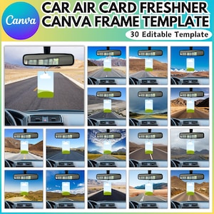 May include: A Canva template for car air fresheners. The image shows a grid of 20 mockups of car interiors with air fresheners hanging from the rearview mirror. Each air freshener has a light blue sky and green grass design. The text "CAR AIR CARD FRESHNER CANVA FRAME TEMPLATE" is at the top.