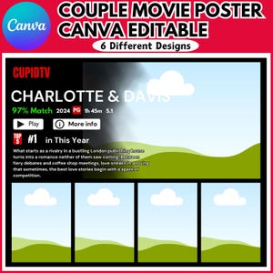 May include: A movie poster for a romantic comedy called "Charlotte & Davis" with a 97% match rating. The poster features a blue sky with white clouds and green hills. The text "CUPIDTV" is in the top left corner. The text "TOP 5 #1 in This Year" is in the bottom left corner.