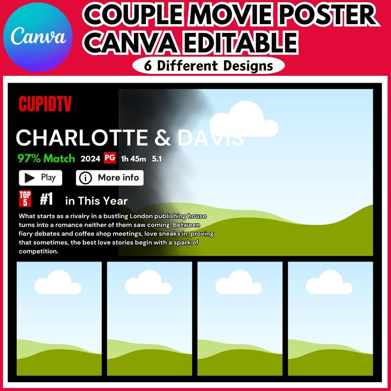 May include: A movie poster for a romantic comedy called "Charlotte & Davis" with a 97% match rating. The poster features a blue sky with white clouds and green hills. The text "CUPIDTV" is in the top left corner. The text "TOP 5 #1 in This Year" is in the bottom left corner.