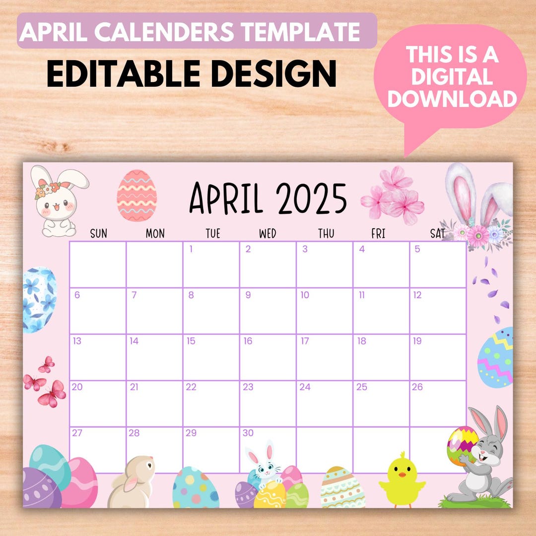 April Calendar Editable Template, Happy Ester Printable, Easter Bunny ...
