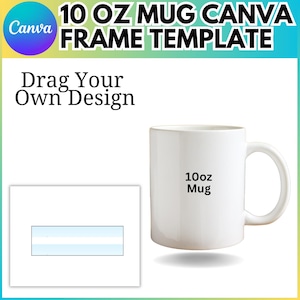 Könnte beinhalten: Eine weiße Keramiktasse mit einem Fassungsvermögen von 10oz. Die Tasse hat einen schwarzen Henkel und den Text "10oz Mug" auf der Vorderseite. Neben der Tasse ist ein weißes Rechteck dargestellt, das einen Platz zum Hinzufügen eines Designs darstellt.