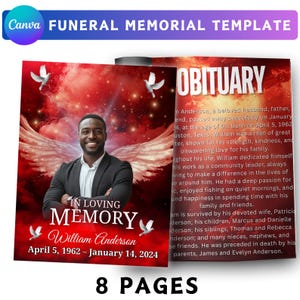 May include: A funeral memorial template with a photo of a smiling man, angel wings, and doves. The text reads "In Loving Memory" and "William Anderson, April 5, 1962 - January 14, 2024." The template includes an obituary.