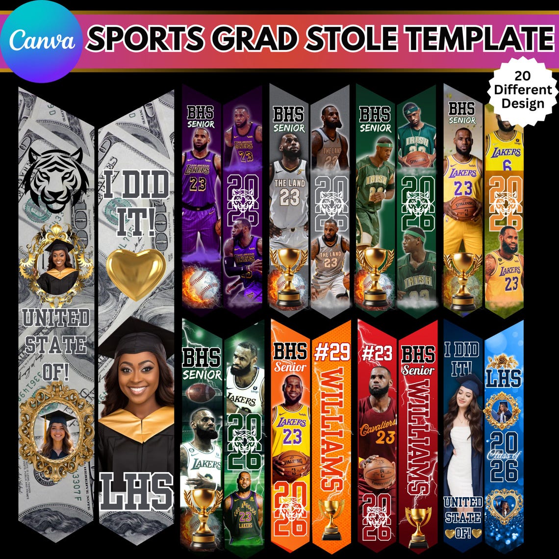 Graduation Stole Canva Template Bundle 2026, Editable Graduation Sash