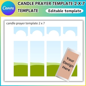 Op de afbeelding: Een witte kaarsgebedsjabloon met een blauw en groen landschapsontwerp. De sjabloon bevat de tekst "CANDLE PRAYER TEMPLATE 2 X 7", "TEMPLATE" en "Editable template". Een apart rechthoek leest "Your Design Here".