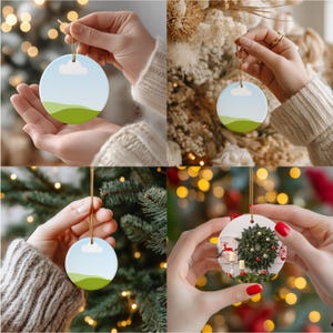 May include: Four round ceramic Christmas ornaments. Three ornaments have a landscape design with a blue sky, white cloud, and green hills. The fourth ornament has a Christmas scene with a wreath, candles, and a fireplace. Each ornament has a gold string for hanging.