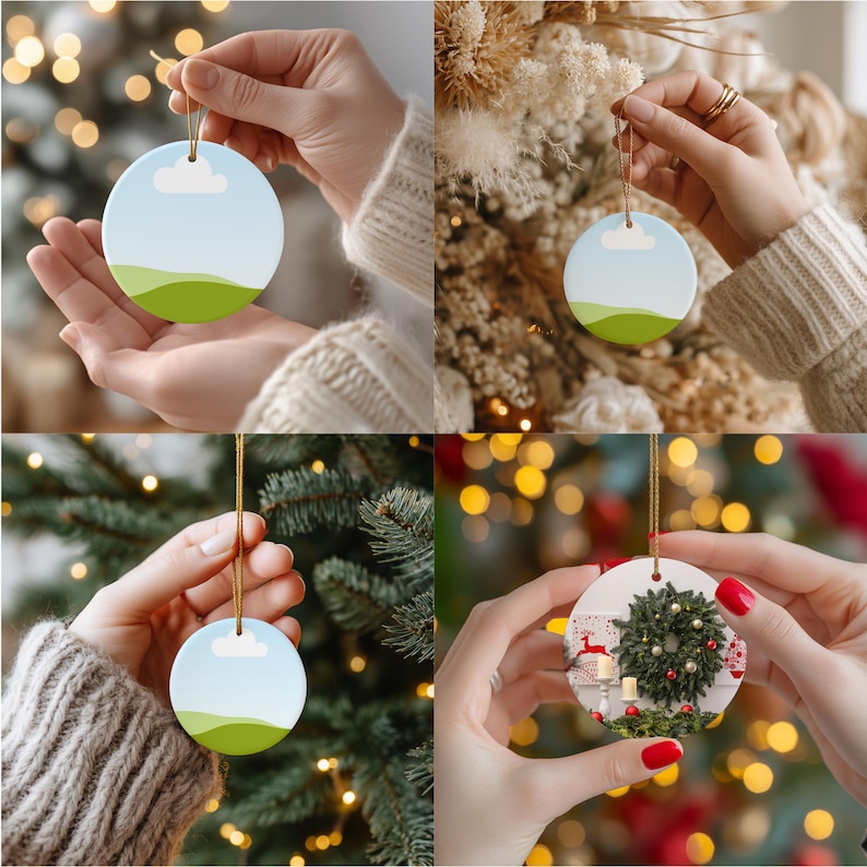 May include: Four round ceramic Christmas ornaments. Three ornaments have a landscape design with a blue sky, white cloud, and green hills. The fourth ornament has a Christmas scene with a wreath, candles, and a fireplace. Each ornament has a gold string for hanging.