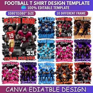 May include: A digital football t-shirt design template featuring 10 different frames with customisable player names, numbers, and team graphics. The layout includes various athletic scenes with bold text, vibrant colour schemes, and sports imagery.